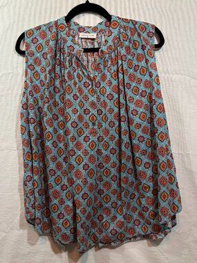 Megan Park Tank Top Womens M Boho Cottage Hippie Blue Orange Buttons Abstract